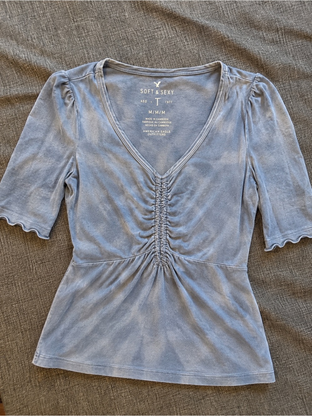 American Eagle Outfitters Soft & Sexy Dusty Blue Ruched V-Neck Top